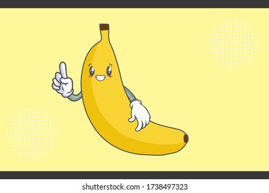 SMILING, HAPPY, GRIN SMILE Face Emotion. Forefinger Hand Gesture. Banana Fruit Cartoon Drawing Mascot Illustration.