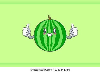SMILING, HAPPY, GRIN SMILE Face Emotion. Double Thumb Up Hand Gesture. Watermelon Fruit Cartoon Drawing Mascot Illustration.