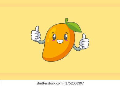 SMILING, HAPPY, GRIN SMILE Face Emotion. Double Thumb Up Hand Gesture. Yellow Mango Fruit Cartoon Drawing Mascot Illustration.