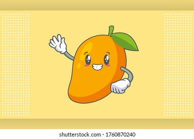 SMILING, HAPPY, GRIN SMILE Face Emotion. Waving Hand Gesture. Yellow Mango Fruit Cartoon Drawing Mascot Illustration.