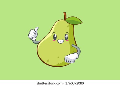 SMILING, HAPPY, GRIN SMILE Face Emotion. Thumb Up Hand Gesture. Green Pear Fruit Cartoon Drawing Mascot Illustration.