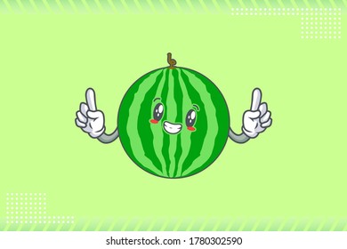 SMILING, HAPPY, GRIN SMILE Face Emotion. Double Forefinger Hand Gesture. Watermelon Fruit Cartoon Drawing Mascot Illustration.
