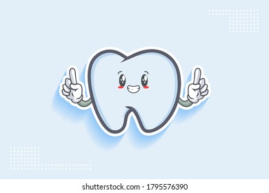 SMILING, HAPPY, GRIN SMILE Face Emotion. Double forefinger Hand Gesture. Tooth Cartoon Drawing Mascot Illustration.
