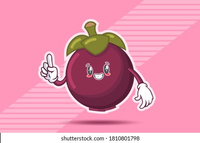 SMILING, HAPPY, GRIN SMILE Face Emotion. Forefinger Hand Gesture. Mangosteen Fruit Cartoon Drawing Mascot Illustration.