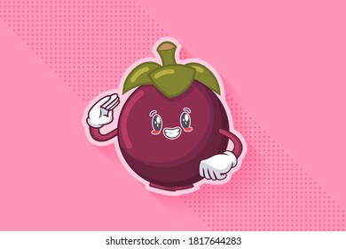 SMILING, HAPPY, GRIN SMILE Face Emotion. Salute, Respect Hand Gesture. Mangosteen Fruit Cartoon Drawing Mascot Illustration.