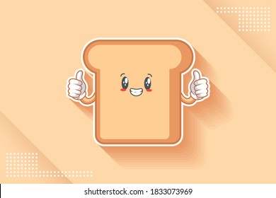 SMILING, HAPPY, GRIN SMILE Face Emotion. Double Thumb up hand Gesture. Bread Food Cartoon Drawing Mascot Illustration.