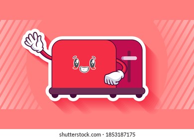 SMILING, HAPPY, GRIN SMILE Face Emotion. Waving Hand Gesture. Toaster Cartoon Drawing Mascot Illustration.