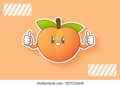 SMILING, HAPPY, GRIN SMILE Face Emotion. Double Thumb Up Finger Hand Gesture. Peach Fruit Cartoon Drawing Mascot Illustration.