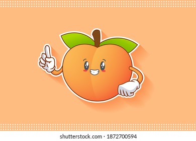 SMILING, HAPPY, GRIN SMILE Face Emotion. Forefinger Hand Gesture. Peach Fruit Cartoon Drawing Mascot Illustration.