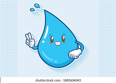 SMILING, HAPPY, GRIN SMILE Face Emotion. Peace Hand Gesture. Water Drop Cartoon Drawing Mascot Illustration.