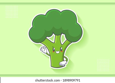 SMILING, HAPPY, GRIN SMILE Face Emotion. Waving Hand Gesture. Broccoli Vegetable Cartoon Drawing Mascot Illustration.