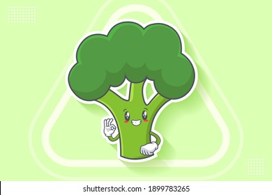 SMILING, HAPPY, GRIN SMILE Face Emotion. Nice Finger Hand Gesture. Broccoli Vegetable Cartoon Drawing Mascot Illustration.