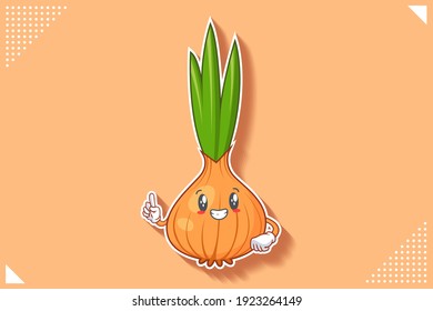 SMILING, HAPPY, GRIN SMILE Face Emotion. Forefinger Hand Gesture. Onion, Garlic Vegetable Character Cartoon Drawing Mascot Illustration.