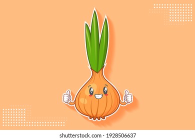 SMILING, HAPPY, GRIN SMILE Face Emotion. Double Thumb up Hand Gesture. Onion, Garlic Vegetable Character Cartoon Drawing Mascot Illustration.