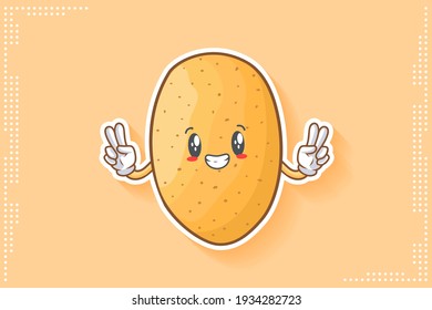 SMILING, HAPPY, GRIN SMILE Face Emotion. Double Peace Finger Gesture. Potato Vegetable Character Cartoon Drawing Mascot Illustration.