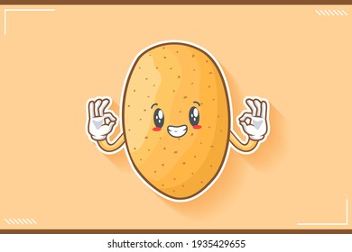 SMILING, HAPPY, GRIN SMILE Face Emotion. Double Nice Hand Gesture. Potato Vegetable Character Cartoon Drawing Mascot Illustration.