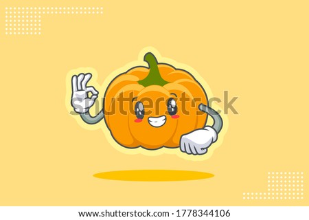 SMILING, HAPPY, GRIN SMILE Face Emotion. Nice Hand Gesture. Yellow, Orange Pumpkin Fruit Cartoon Drawing Mascot Illustration.