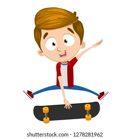 Smiling happy guy skateboarding and having fun. Young boy enjoying active kinds of sport vector illustration. Sport concept. Isolated on white background