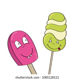Smiling happy ice creams. Tasty summer refreshment. Original hand drawn illustration.