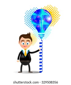Smiling, happy, isolated businessman with big blue bulb with triangular pattern on white background with small, orange and blue circles