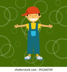 Smiling happy kid vector illustration with green background.