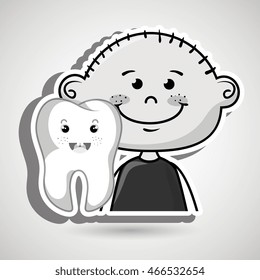 smiling happy little child cartoon with a big smiling tooth on his side,vector illustration
