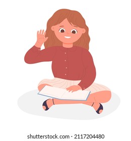 Smiling happy little girl sitting with open book. Reading lover and educational material cartoon vector illustration
