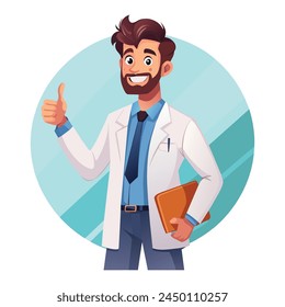 Un médico feliz sonriente mostrando los pulgares hacia arriba. Hombre en uniforme médico. Aislado sobre fondo blanco. Ilustración del cuidado de la salud del Vector en estilo plano.