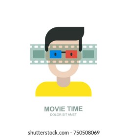 Smiling happy man in 3d cinema glasses. Vector logo icon design. Concept for home movie time, media and watching video tv. Isolated flat illustration.