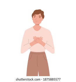 Smiling happy man holding hands on his chest. Concept of self-love and self-acceptance. Young guy shows support and understnading. Flat cartoon illustration isolated on white background