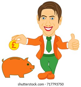 Smiling happy man throwing a Pound coin in the yellow piggy bank, cartoon vector illustration