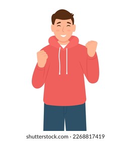 Smiling happy man with winner's gesture.Victory and achievement.  Lucky man. Vector illustration