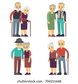 Smiling and happy old couples. Elderly families cartoon characters vector set. Grandfather and grandmother couple, woman and man elderly illustration