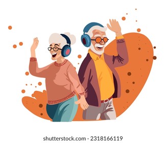 Smiling and happy old or elderly man and woman in headphones listening to music. Music therapy. Vector illustration