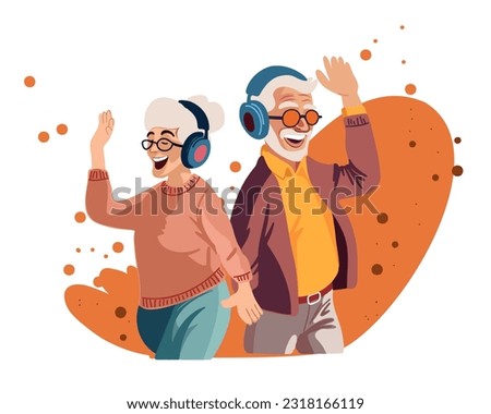 Smiling and happy old or elderly man and woman in headphones listening to music. Music therapy. Vector illustration