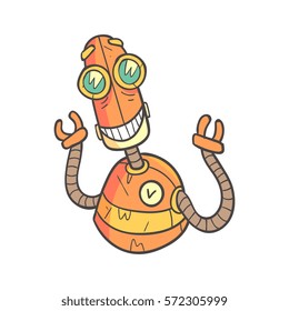 Smiling Happy Orange Robot Cartoon Outlined Illustration With Cute Android And His Emotions