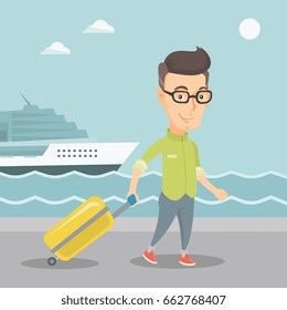 Smiling happy passenger with suitcase going to shipboard at the pier station. Adult caucasian passenger walking on the background of cruise liner. Vector flat design illustration. Square layout.