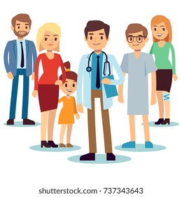 Smiling and happy patients with their doctor. Personalized medicine and healthcare vector concept. Characters doctor and happy patient illustration