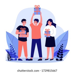 Smiling happy people holding gift boxes. Men and woman getting presents or prizes flat vector illustration. Holiday and lottery concept for banner, website design or landing web page