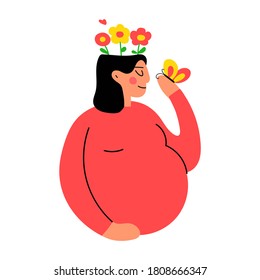 Smiling happy pregnant woman holding butterfly. Good mental health. Hand drawn vector illustration on white background.  