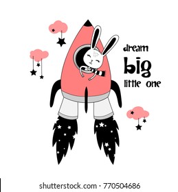 smiling happy pretty rabbit astronaut in rocket ship. girlish, childish vintage hand drawn beautiful artwork with text. for summer t-shirts, wall art, baby shower, wear, textile, fabric, cards, patch