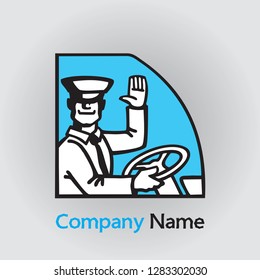 Smiling happy public transport driver with wheel. Vector image of man in the uniform cap and clothes. Illustration of a passenger bus driving for icon or logo design.