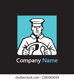 Smiling happy public transport driver with wheel. Vector image of man in the uniform cap and clothes. Illustration of a passenger bus driving for icon or logo design.
