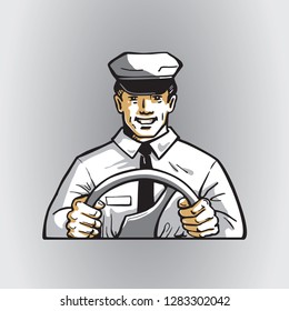 Smiling happy public transport driver with wheel. Vector image of man in the uniform cap and clothes. Illustration of a passenger bus driving for icon or logo design.