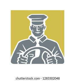 Smiling happy public transport driver with wheel. Vector image of man in the uniform cap and clothes. Illustration of a passenger bus driving for icon or logo design.