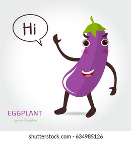 Smiling happy purple eggplant with a green stalk for use as a cooking ingredient in vegetarian cuisine, cartoon illustration