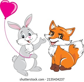 Smiling happy rabbit and fox. Vector