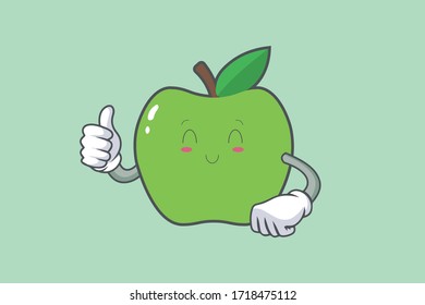 SMILING, HAPPY, RELIEVED Face Emotion. Thumb Up Gesture.Green Apple Mascot Illustration.