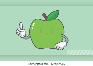 SMILING, HAPPY, RELIEVED Face Emotion. Forefinger Hand Gesture. Green Apple Cartoon Mascot Illustration
