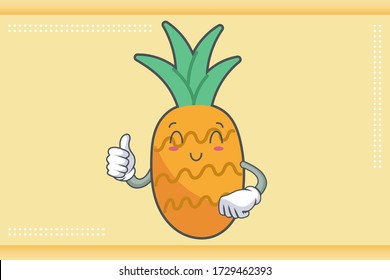 SMILING, HAPPY, RELIEVED Face Emotion. Thumb Up Hand Gesture. Pineapple Fruit Cartoon Drawn Mascot Illustration.